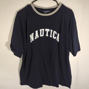 Nautica T Shirt Mens Large USA Vintage 90s Navy Blue Spell Out Logo Ringer Tee